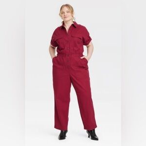 Women's Short Sleeve Jumpsuit Boilersuit Universal Thread Size 28 Red burgundy